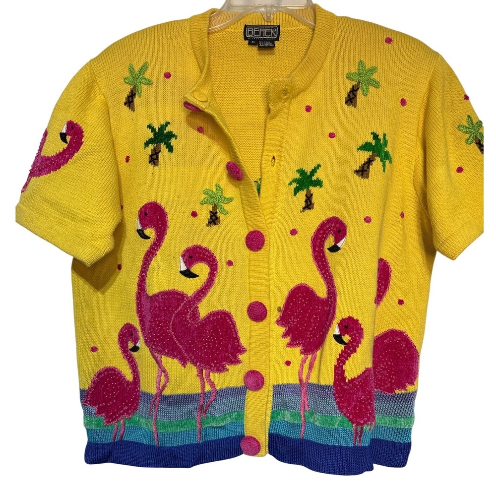 BEREK Yellow Flamingo Palm Tree‎ Sequin Embellished Cardigan Sweater XL